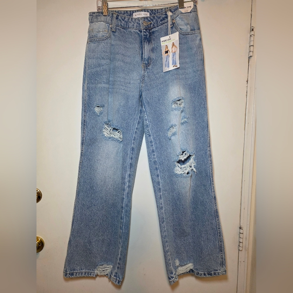 Trendy Witty Fox Distressed Blue Women's Wide Leg Jeans
